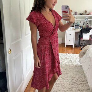 Zesica womens dress wrap red white flower pattern midi length Sz L asymmetrical